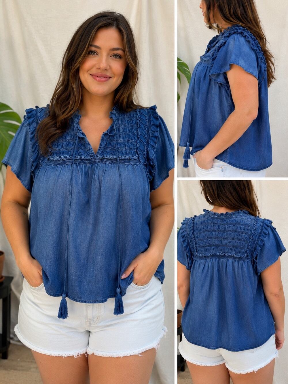 Elan Blue Chambray Tencel Smocked Yoke Ruffle Flutter Sleeve Tassel Peasant Top